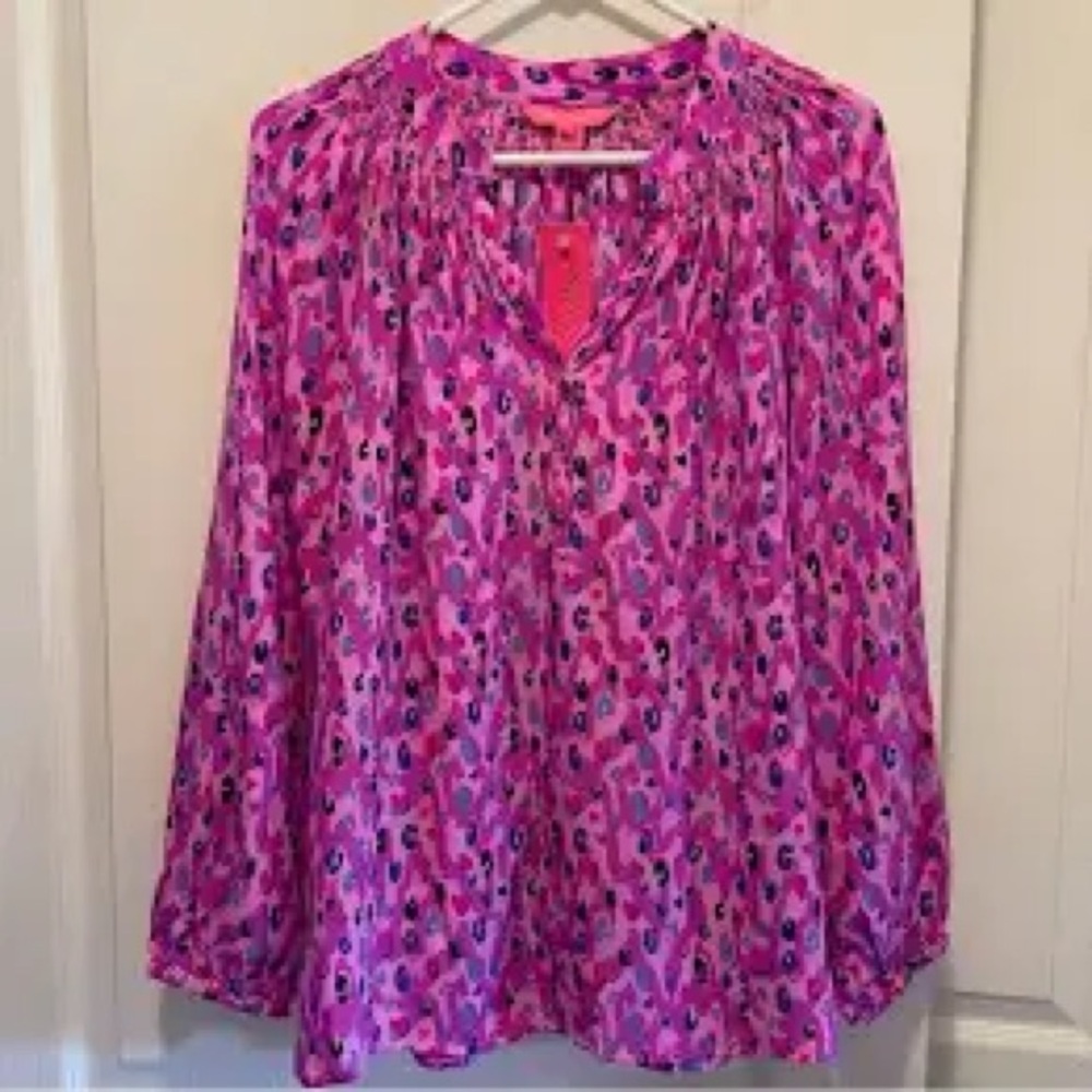 LILLY PULITZER ELSA Silk Top Wild Fuschia Spotted In Love Size Small RARE NWT